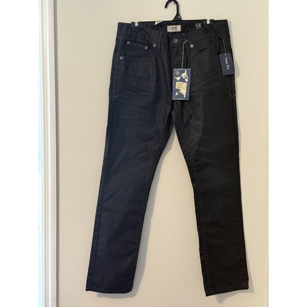 Antique Rivet Skinny Straight Jeans Black Denim Embroidered 32/30 Men NWT